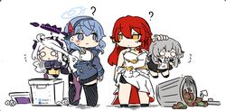  4girls ? ^^^ absurdres ahoge ako_(blue_archive) bell black_coat black_gloves black_horns blue_archive blue_halo blush breasts chibi coat cowbell credit_card demon_girl demon_horns demon_wings dress fish_bone fish_skeleton flying_sweatdrops gloves golden_rose grey_hair halo highres himeko_(honkai:_star_rail) hina_(blue_archive) honkai:_star_rail honkai_(series) horns jacket jewelry large_breasts long_hair looking_at_another low_wings multiple_girls multiple_horns neck_bell o_o paper parted_bangs redhead sesield shirt sideboob sideless_dress sideless_outfit sideless_shirt stelle_(honkai:_star_rail) trailblazer_(honkai:_star_rail) trash trash_can white_dress white_shirt wings yellow_eyes 