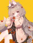  1girl :o animal_ear_fluff animal_ears autumn_leaves belt black_dress blush bow brown_dress brown_eyes brown_hair brown_jacket cardigan dress feet_out_of_frame fox_ears grey_hair hair_between_eyes hairband hand_on_own_cheek hand_on_own_face hands_up hatosasami highres holding holding_leaf jacket leaf light_brown_hair long_hair long_sleeves looking_at_viewer maple_leaf open_cardigan open_clothes open_jacket original parted_lips plaid puffy_long_sleeves puffy_sleeves red_bow short_eyebrows simple_background sitting sleeves_past_wrists solo squirrel_(jjjjmmn_err) tail thick_eyebrows very_long_hair watermark yellow_background 
