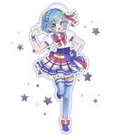  1girl :d blue_eyes blue_footwear blue_hair blue_thighhighs braid chii_(chi_pppuri) commentary_request dorothy_west dress frilled_dress frills full_body hand_on_own_hip hand_up hat highres idol_clothes looking_at_viewer open_mouth outline pretty_series pripara sailor_hat shoes short_hair side_braid simple_background smile solo standing standing_on_one_leg star_(symbol) thigh-highs white_background white_hat white_outline wrist_cuffs 