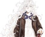  1boy :d alternate_costume blue_neckerchief brown_jacket cup fate/grand_order fate_(series) fuwafuwa_no_inu highres holding holding_cup jacket long_hair long_sleeves looking_at_viewer male_focus merlin_(fate) neckerchief open_clothes open_jacket open_mouth shirt simple_background smile solo upper_body very_long_hair violet_eyes white_background white_hair white_shirt 