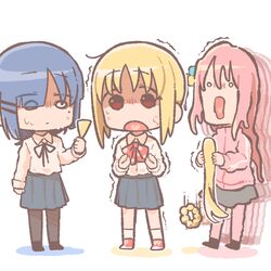  3girls ahoge bad_id bad_twitter_id blonde_hair blue_hair blue_skirt bocchi_the_rock! bow brown_eyes chibi cube_hair_ornament detached_hair failure garubegaru gotoh_hitori hair_between_eyes hair_ornament hand_up highres holding_another&#039;s_hair ijichi_nijika inactive_account jacket long_hair long_sleeves looking_at_viewer multiple_girls nervous_sweating o_o open_mouth pants pants_under_skirt pink_hair pink_jacket pink_pants pink_track_suit pleated_skirt red_bow red_footwear shaded_face shirt shoes side_ponytail sidelocks skirt surprised sweat the_scream track_jacket trembling white_background white_shirt yamada_ryo 
