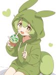  1girl absurdres animal_ears blush brown_eyes cup disposable_cup drink drinking_straw fake_animal_ears fake_tail green_hair heart highres holding holding_cup holding_drink hood hood_up hoodie long_sleeves looking_at_viewer open_mouth sitting smile solo tail voicevox zundamon zungurimukkuri_tarou 