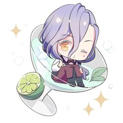  1boy bermotti_(eiyuu_densetsu) blowing_kiss chibi chibi_only cocktail_glass colored_eyelashes commentary_request cup drink drinking_glass eiyuu_densetsu food fruit hair_between_eyes highres kuro_no_kiseki_(series) kuro_no_kiseki_i lime_(fruit) male_focus mint momoiro_sango puckered_lips purple_hair solo sparkle yellow_eyes 