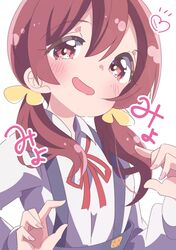  1girl :d blush brown_eyes brown_hair hair_between_eyes hair_ornament heart honkawa_works long_hair long_sleeves looking_at_viewer low_twintails murosaki_miyo neck_ribbon onii-chan_wa_oshimai! open_mouth red_ribbon ribbon school_uniform shirt simple_background smile solo suspenders twintails upper_body white_background white_shirt wing_collar 