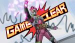  1boy arm_up chinese_commentary clenched_hands commentary_request controller driver_(kamen_rider) game_controller gamepad gamer_driver hand_up highres holster jiuri_jiuhao kamen_rider kamen_rider_ex-aid kamen_rider_ex-aid_(series) looking_at_viewer male_focus mighty_action_x_level_2 open_hand rider_belt rider_gashat signature simple_background solo tokusatsu white_background 