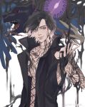  1boy absurdres arm_tattoo bare_shoulders black_coat black_gloves black_hair black_panther closed_mouth coat devil_may_cry_(series) devil_may_cry_5 fingerless_gloves gloves griffon_(devil_may_cry_5) hand_tattoo highres holding jewelry leopard male_focus necklace nightmare_(devil_may_cry) shadow_(devil_may_cry_5) sleeveless sleeveless_coat smile solo tattoo tooth_necklace v_(devil_may_cry) 