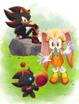  1boy 1girl absurdres animal_ears balloon brown_eyes chao_(sonic) commission cream_the_rabbit furry furry_female furry_male gloves highres holding holding_balloon holding_needle looking_at_viewer needle open_mouth rabbit_ears red_eyes rero_(rero_nn) shadow_chao shadow_the_hedgehog sitting sonic_(series) standing white_gloves 