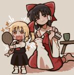  +_+ 2girls alternate_hairstyle ascot black_hair black_skirt black_vest blonde_hair blush bow closed_mouth cup detached_sleeves fang hair_bow hair_brush hair_ribbon hair_tubes hakurei_reimu heart heart_in_mouth henyomenmen highres holding holding_hair_brush holding_mirror long_hair long_sleeves mirror multiple_girls open_mouth red_ascot red_bow red_eyes red_skirt ribbon ribbon-trimmed_sleeves ribbon_trim rumia shirt short_hair sitting skin_fang skirt skirt_set smile socks standing touhou vest white_shirt white_socks yunomi 