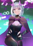  1girl absurdres aqua_eyes black_bodysuit blurry blurry_background bob_cut bodysuit breasts cape detached_horns gradient_hair gradient_horns hair_intakes headphones highres hip_vent hokuhoku@ holographic_horns horns indie_virtual_youtuber large_breasts looking_at_viewer mechanical_arms medium_hair motherv3 multicolored_hair multicolored_horns pink_horns purple_cape purple_horns smile solo tail two-tone_eyes violet_eyes virtual_youtuber 