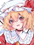  1girl ascot bat_wings blonde_hair crystal flandre_scarlet hat hat_ribbon highres mob_cap multicolored_wings one_side_up open_mouth puffy_short_sleeves puffy_sleeves red_eyes red_vest ribbon ringo_no_usagi_(artist) short_sleeves side_ponytail skirt skirt_set touhou vest white_hat wings yellow_ascot 