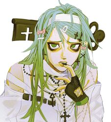  a.b.a aqua_hair bags_under_eyes bare_shoulders beads black_gloves black_nails bow cross cross_earrings cross_necklace earrings eyelashes finger_to_mouth fingerless_gloves fingernails funnvyalentine furrowed_brow gloves gradient_hair green_eyes green_hair guilty_gear guilty_gear_strive hair_bow hair_ornament hairband hairclip highres jewelry key key_in_head key_necklace long_hair multicolored_hair nail_polish necklace object_through_head off_shoulder pale_skin paracelsus_(guilty_gear) parted_lips rosary sharp_fingernails shirt stitches white_hairband white_shirt x_hair_ornament 