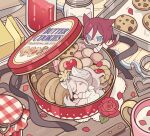  2boys animal_ears bad_id bad_pixiv_id blue_eyes butter cat_boy cat_ears cat_tail checkerboard_cookie chibi chibi_only chocolate_chip_cookie closed_mouth cookie ensemble_stars! flower food full_body glasses heart highres jam jar kemonomimi_mode knife long_hair long_sleeves looking_at_another male_focus meremero multiple_boys petals ran_nagisa red_flower red_rose redhead rose saegusa_ibara short_hair sleeping standing table tail tin_(container) 