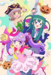  3girls :d blue_eyes blue_jacket blunt_bangs brown_hair claw_pose commentary_request crescent detached_sleeves dress fang green_hair green_shirt halloween_costume hands_up hat highres holding holding_sword holding_wand holding_weapon idol_clothes idol_time_pripara jack-o&#039;-lantern jacket jewelry ku_(residual666) long_hair long_sleeves looking_at_viewer manaka_non mini_hat mini_witch_hat mole mole_under_mouth multiple_girls neck_ribbon necklace open_mouth pink_dress pink_footwear pink_headwear pirate_costume pirate_hat pretty_series pripara pumpkin purple_hair ribbon shirt short_hair short_shorts shorts skull smile standing star_(symbol) sword taiyo_pepper tsukikawa_chili twintails two_side_up vampire_costume violet_eyes wand weapon white_shirt witch witch_hat 