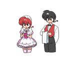  1boy 1girl apron arm_across_waist arm_behind_back belt black_belt black_bow black_bowtie black_hair black_necktie black_pants bow bowtie braid braided_ponytail breasts collar dress dress_shirt dual_persona genderswap genderswap_(mtf) highres holding holding_cloth holding_notepad holding_pen long_sleeves looking_down looking_up maid maid_apron maid_headdress medium_breasts napkin necktie notepad open_mouth pants pen pink_dress pink_thighhighs puffy_short_sleeves puffy_sleeves ranma-chan ranma_1/2 red_vest redhead saotome_ranma shirt short_sleeves thigh-highs vest waiter waitress wanta_(futoshi) white_apron white_background white_collar white_petticoat white_shirt zettai_ryouiki 