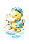  ^_^ arms_up blue_hat blue_jacket bucket_hat buttons closed_eyes clothed_pokemon commentary english_commentary hat hat_loss jacket long_sleeves no_humans oliver_hamlin open_clothes open_jacket painting_(medium) pokemon pokemon_(creature) psyduck puddle simple_background solo splashing traditional_media walking water watercolor_(medium) white_background 