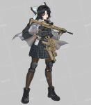  1girl absurdres artist_name assault_rifle black_gloves black_hair black_pantyhose black_skirt bow chest_rig expressionless gloves grey_background grey_jacket gun hair_bow highres huihuang_rongyao id_card jacket japanese_clothes knee_pads looking_at_viewer magazine_(weapon) miko original pantyhose plaid plaid_skirt rifle school_uniform short_hair skirt solo tactical_clothes vertical_foregrip weapon weapon_request white_bow yellow_eyes 