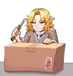  1girl blonde_hair box boxcutter brown_shirt cardboard_box closed_mouth commentary_request constricted_pupils cookie_(touhou) highres holding_boxcutter joker_(cookie) looking_down masking_tape medium_bangs medium_hair mizuhashi_parsee odoro_(nicoseiga81184094) parted_bangs pointy_ears scarf shirt smile solo touhou translated upper_body white_scarf 