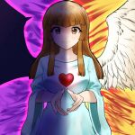  1girl angel_wings blunt_bangs brown_eyes brown_hair change_of_heart demon_wings dress duel_monster feathered_wings heart long_hair long_sleeves smile solo split_theme tokage_(tokageymimr) wide_sleeves wings yu-gi-oh! 