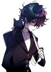  1boy amamiya_ren black_eyes black_jacket buttons cat closed_mouth highres jacket long_sleeves looking_at_viewer male_focus messy_hair morgana_(persona_5) persona persona_5 shimogu shirt short_hair signature simple_background solo upper_body white_background white_shirt 