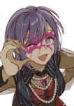 1girl :3 absurdres bang_dream! bang_dream!_it&#039;s_mygo!!!!! bead_necklace beads black_vest blood blood_on_face commentary half-heart_hands highres jewelry looking_at_viewer necklace one_eye_closed open_mouth purple_blood purple_brooch purple_hair see-through see-through_sleeves short_hair simple_background solo upper_body vest violet_eyes white_background yui_k_(yuik48074789) yuutenji_nyamu 