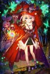  2girls age_of_ishtaria arm_up black_footwear blonde_hair blue_eyes blush bow bug butterfly coat full_body fur-trimmed_coat fur_trim glowing_butterfly green_bow green_butterfly hair_bow hair_ornament hat highres holding holding_lantern holding_mushroom lantern looking_at_viewer meru_(age_of_ishtaria) multiple_girls munlu_(wolupus) mushroom night open_clothes open_coat open_mouth outdoors purple_hair red_coat red_eyes salix_(age_of_ishtaria) socks tree white_socks witch_hat 
