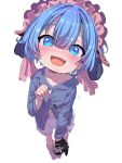  1boy :d absurdres blue_eyes blue_hair blue_pajamas blush center-flap_bangs character_doll child clenched_hand collarbone commentary foreshortening frilled_hairband frilled_shorts frills full_body hairband highres looking_at_viewer looking_up loose_socks made_in_abyss maid_headdress maruruk midriff_peek navel open_mouth otoko_no_ko ozen pajamas partially_unbuttoned pouch sekaineko_001 shorts smile socks solo white_background 