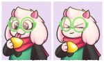  1boy absurdres black_eyes closed_mouth deltarune food fruit furry furry_male glasses green-framed_eyewear highres holding holding_food itsgerdew lemon long_sleeves ralsei red_scarf round_eyewear scarf solo sour_(taste) tongue tongue_out 