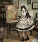  1girl apron black_dress black_eyes black_footwear black_hair black_socks blunt_bangs book bookshelf canvas_(object) commentary_request dress easel frilled_apron frills full_body head_scarf highres holding holding_brush holding_palette indoors looking_at_viewer looking_back maid maid_apron medium_hair open_box open_mouth original paint_on_clothes paintbrush painting_(object) palette_(object) plastic_bottle puffy_sleeves sasami_(shiroi_fuwafuwa) shoes socks solo white_apron 