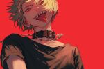  1boy belt_collar black_shirt blonde_hair chain chain_leash chainsaw_man collar denji_(chainsaw_man) geboku0406 leash looking_at_viewer male_focus open_mouth red_background red_eyes sharp_teeth shirt short_hair short_sleeves simple_background smile solo teeth tongue tongue_out upper_body 