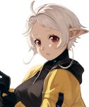  1girl ahoge elf highres jacket looking_at_viewer mushoku_tensei parted_lips pointy_ears red_eyes short_hair simple_background solo sylphiette_(mushoku_tensei) turtleneck white_background white_hair yellow_jacket yumich 