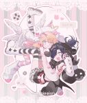  2girls absurdres ahoge angel_and_devil angel_wings animal_print arm_warmers asymmetrical_legwear bandaid bandaid_on_face bandaid_on_nose black_hair black_nails black_thighhighs black_wings blonde_hair boots bow child chuckdaidai commission demon_wings detached_sleeves fang feathered_wings fishnets gloves grey_eyes hair_bow hair_ornament hairclip hand_up hat heart heart_ahoge heart_hair_ornament highres horns hug imminent_hug leg_warmers legs_up long_sleeves looking_at_viewer looking_back low_wings midair mismatched_legwear multiple_girls one_eye_closed open_mouth original pantyhose paw_pose pink_background pink_bow pink_thighhighs pointy_ears short_twintails shorts skin-covered_horns skin_fang skirt sleeves_past_fingers sleeves_past_wrists smile star_(symbol) striped_clothes striped_thighhighs thigh-highs twintails white_eyes white_footwear white_hat white_thighhighs white_wings wings x_hair_ornament 