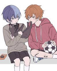  2boys aged_down animal aoyagi_touya badtz-maru ball bandaid bandaid_on_knee bandaid_on_leg black_cat black_shorts blue_hair blush cat collared_shirt commentary_request dark_blue_hair drawstring green_eyes grey_eyes highres holding holding_animal hood hood_down hoodie kneehighs korean_commentary long_sleeves looking_at_another male_focus mole mole_under_eye multicolored_hair multiple_boys open_mouth orange_hair project_sekai red_hoodie shinonome_akito shirt short_hair shorts simple_background sitting soccer_ball socks split-color_hair sweater two-tone_hair white_socks yangaengso 