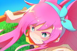 1girl aubrey_(faraway)_(omori) aubrey_(omori) baseball_bat blue_eyes clenched_teeth forest hairband highres holding holding_baseball_bat jacket juvenile long_hair naruto_cr omori park parted_lips pink_hair solo tearing_up teenage teeth tomboy tree trees upper_body white_jacket young