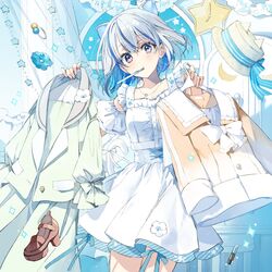  1girl animal_ears blue_eyes blue_hair blue_hat bow breasts clock clothes_hanger colored_inner_hair commentary cosmetics crescent dress flower green_pajamas hat hat_bow holding holding_clothes iriam jewelry lipstick_tube miria_(iriam) multicolored_hair necklace pajamas second-party_source shoes solo sparkle star_(symbol) streaked_hair symbol-only_commentary two-tone_hair wata_(attaka_towel) white_bow white_dress white_flower white_hair white_hat window 