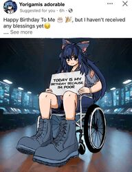  1girl ai-generated_art_(topic) blue_bow blue_hair blue_shorts blush boots bow bracelet emoji english_commentary english_text facebook frown grey_eyes grey_footwear grey_shirt hair_bow highres holding holding_sign jewelry long_hair looking_at_viewer mcsquiddies shirt shorts sign sitting solo touhou very_long_hair wheelchair yorigami_shion 