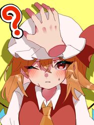  1other ? ascot blonde_hair blush flandre_scarlet hat hat_ribbon headpat highres one_eye_closed pov pov_hands red_eyes red_ribbon ribbon rokka_(rokka937) simple_background sweat touhou upper_body white_mob_cap yellow_ascot yellow_background 