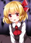  1girl ascot black_skirt black_vest blonde_hair blush collared_shirt commentary_request hair_ribbon highres long_sleeves open_mouth red_ascot red_eyes red_ribbon redhead ribbon rumia ruu_(tksymkw) shirt short_hair skirt solo touhou vest white_shirt 