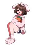  1girl absurdres alternate_costume animal_ears animal_slippers black_shorts bow bunny_slippers carrot floppy_ears hair_bow highres hood hoodie inaba_tewi pink_bow pink_hoodie rabbit_ears rabbit_girl rabbit_tail shorts simple_background slippers socks solo striped_clothes striped_socks stuffed_toy tail touhou white_background you_(noanoamoemoe) 