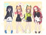  4girls :3 absurdly_long_hair animal_ear_headphones animal_ears aris_(blue_archive) arm_up black_footwear black_hair black_hairband black_jacket black_ribbon blue_archive blue_eyes blue_footwear blush boots border brown_hair cat cat_ear_headphones cat_tail clenched_hand closed_mouth collarbone dotted_line fake_animal_ears fake_tail full_body game_development_department_(blue_archive) green_background green_eyes green_halo green_shirt green_theme hairband halo hand_up headphones highres hood hood_down hooded_jacket jacket long_hair long_sleeves looking_at_viewer midori_(blue_archive) momoi_(blue_archive) multiple_girls neck_ribbon one_eye_closed open_mouth overalls pink_background pink_eyes pink_shirt pink_theme ribbon shirt shirt_tucked_in shoes short_hair short_sleeves siblings sisters smile sneakers suspenders tail twins very_long_hair white_border yoru_nai yuzu_(blue_archive) 