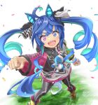  1girl :d @_@ ahoge animal_ears aqua_hair arm_up black_leggings blue_eyes blue_hair boots bow clenched_hands commentary_request confetti crossed_bangs drawstring foot_out_of_frame from_above grass hair_bow heterochromia highres hood hoodie horse_ears horse_girl horse_tail leggings legs_apart long_hair long_sleeves looking_at_viewer looking_up making-of_available multicolored_clothes multicolored_hair multicolored_hoodie open_mouth partial_commentary raised_fist sharp_teeth sidelocks smile solo standing striped_bow stuffed_animal stuffed_rabbit stuffed_toy tail teeth toriyoshi_(mmxn3582) twin_turbo_(umamusume) twintails two-tone_hair umamusume v-shaped_eyebrows violet_eyes white_background yellow_footwear 