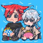  1boy 1girl 3: ahoge alisaie_leveilleur animal_ears bag blue_hair braid brown_scarf cat_ears closed_mouth final_fantasy final_fantasy_xiv handbag holding holding_bag itowo_(itowc) long_hair looking_at_viewer miqo&#039;te pointy_ears poverty red_eyes redhead scarf tearing_up trembling 
