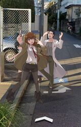  1boy 3girls :o amane_suzuha arrow_(symbol) belt belt_buckle bicycle bike_shorts black_footwear black_hair black_jacket black_pantyhose black_shorts blue_eyes blush bob_cut boots braid braided_twintails breasts brown_coat brown_footwear brown_hair buckle building bush car chain-link_fence closed_eyes coat collared_shirt commentary dress_shirt fence floating_hair full_body google_maps google_street_view grass grey_shirt hair_between_eyes hair_slicked_back hand_on_own_head hands_up high_school_girls_posing_for_google_street_view_(meme) highres index_finger_raised jacket jun_(rellik_&amp;_redrum) lab_coat long_coat long_hair long_sleeves makise_kurisu meme motor_vehicle multiple_girls okabe_rintarou open_clothes open_coat open_jacket open_mouth pantyhose pantyhose_under_shorts pen pen_in_pocket photo_background posing raised_curb riding riding_bicycle road shiina_mayuri shirt shoes short_hair shorts sidewalk small_breasts steins;gate street t-shirt tactile_paving teeth town tree twin_braids upper_teeth_only utility_pole v white_belt white_coat white_shirt 