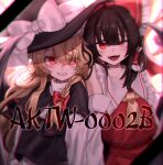  2girls album_cover album_name ascot blonde_hair bow braid brown_hair commentary_request cover detached_sleeves fangs frilled_bow frilled_hair_tubes frills grin hair_bow hair_tubes hakurei_reimu hat hat_bow highres holding_hands karasu2020_8 kirisame_marisa long_hair long_sleeves looking_at_viewer multiple_girls open_mouth red_bow red_eyes ribbon-trimmed_sleeves ribbon_trim side_braid single_braid smile touhou white_bow wings witch_hat yellow_ascot 