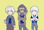  3boys :&lt; au_ra belt_chain black_hair black_horns black_jacket blue_eyes braid brown_jacket cellphone closed_mouth collared_jacket collared_shirt colored_sclera commentary contemporary dark-skinned_male dark_skin deformed denim elezen elf emet-selch estinien_varlineau feet_out_of_frame final_fantasy final_fantasy_xiv furrowed_brow green_background grey_sclera hand_up hands_up highres holding holding_phone horns hyur jacket jeans long_hair long_sleeves looking_at_viewer low_horns magnai_oronir male_focus multicolored_eyes multiple_boys necktie orange_eyes pants phone pointy_ears red_necktie robodumpling scales shirt short_hair sidelocks simple_background smartphone standing symbol-only_commentary tail torn_clothes torn_jeans torn_pants vest white_hair yellow_eyes 