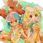  1boy 1girl alternate_form animal_ears antlers blonde_hair blush bow bowtie brown_eyes cape carrot_(one_piece) commentary_request cross cross-laced_clothes cross-laced_dress dress green_background green_cape hat highres horns looking_at_viewer one_piece orange_dress rabbit_ears rabbit_girl simple_background smile tokuura tony_tony_chopper twitter_username 
