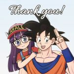  1boy 1girl black_hair blue_eyes blue_wristband dougi dr._slump dragon_ball glasses highres konato_k long_hair muscular muscular_male norimaki_arale open_mouth overalls purple_hair red_shirt salute shirt son_goku spiky_hair toriyama_akira_(character) upper_body winged_hat 