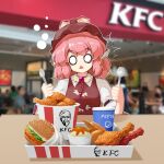  1girl brown_dress brown_hat bucket_of_chicken burger collared_shirt commentary_request dress edz_drawz fast_food food fried_chicken hat head_tilt highres holding holding_spoon holding_spork juliet_sleeves kfc long_sleeves mystia_lorelei o_o pepsi pinafore_dress pink_hair puffy_sleeves shirt short_hair sleeve_garter sleeveless sleeveless_dress solo spoon surprised table touhou triangle_mouth white_shirt winged_arms wings 