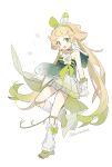  1girl bare_shoulders blonde_hair bow chinese_clothes dress full_body gloves green_bow green_eyes green_footwear green_hair green_hairband hairband hanfu highres long_hair looking_at_viewer multicolored_hair niko_(nikooo2016) open_mouth qixiong_ruqun ruqun shoes shorts simple_background socks solo standing standing_on_one_leg twintails twitter_username verina_(wuthering_waves) very_long_hair white_background white_gloves white_shorts white_socks wuthering_waves 