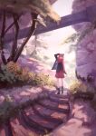  1girl absurdres black_footwear black_shirt blue_bow boots bow cape hair_bow highres long_sleeves nepperoni open_mouth outdoors pleated_skirt red_cape red_eyes red_skirt redhead sekibanki shirt short_hair skirt solo stairs standing touhou tree 