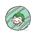  1boy :3 arm_tattoo blush_stickers chibi dc_comics doughnut food green_hair hair_slicked_back highres in_food joker_(dc) male_focus moesaku6 musical_note open_mouth short_sleeves smile solid_circle_eyes solo tattoo 
